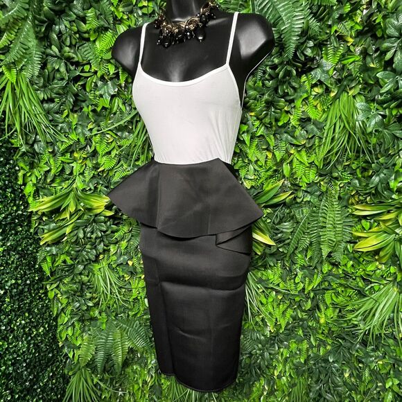 Women Skirt Medium Black Midi Peplum Stretch Fitted Ruffle Fits Small AOMEI 1284 - Picture 1 of 7